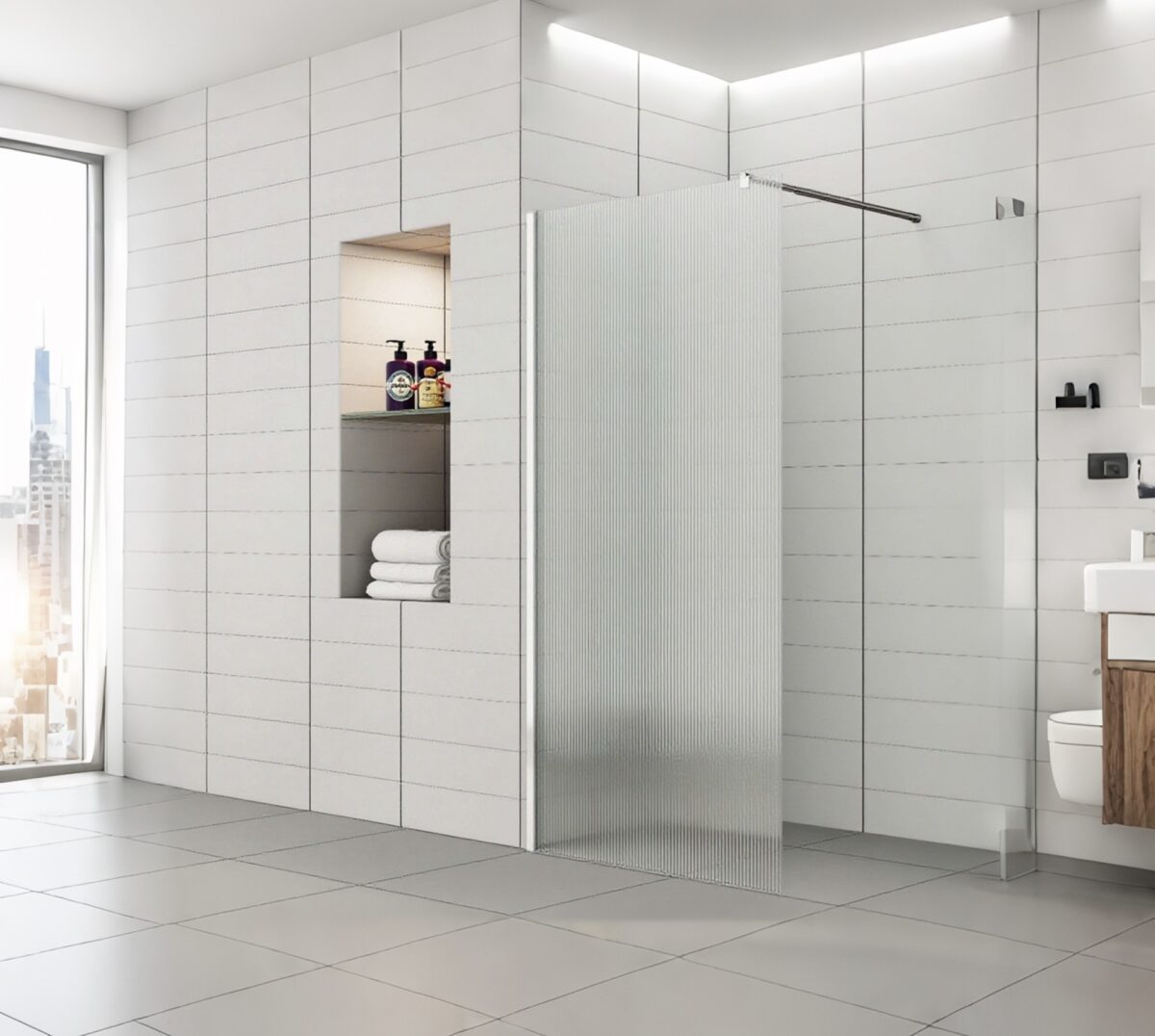 Chrome reeded wall mounted shower screen AQXCRSS1200 – showers online
